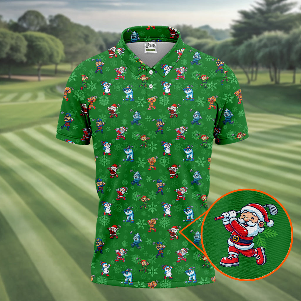 Funny Christmas Characters Golf Pose Green Golf Shirt, Christmas Golf Shirt, Polo ShirtFor Men