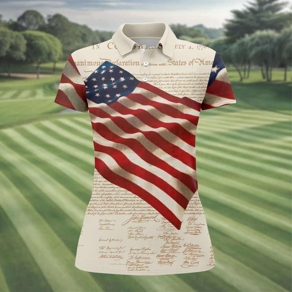 Patriotic American Flag Declaration Of Independence 4th Of July Beige Golf Shirt, 250th Anniversary Ladies Golf Shirts