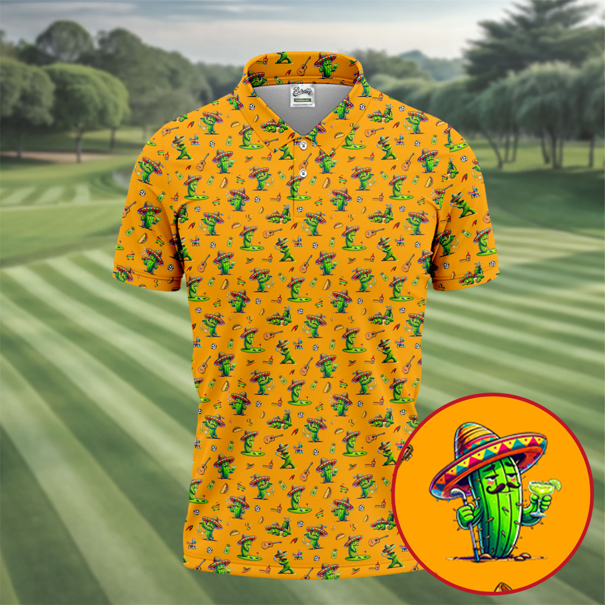 Cartoon Mustach Funny Cactus Cinco De Mayo Celebration Fiesta Themed Orange Golf Shirts For Men