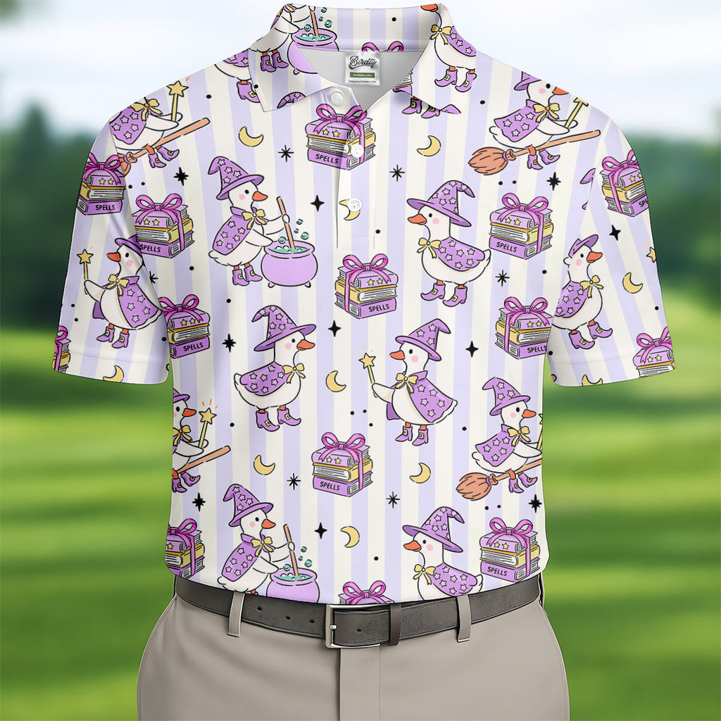Halloween Witch Goose Purple Pastel Fun Golf Shirts For Men, Polo Shirts For Men, Golfing Apparel