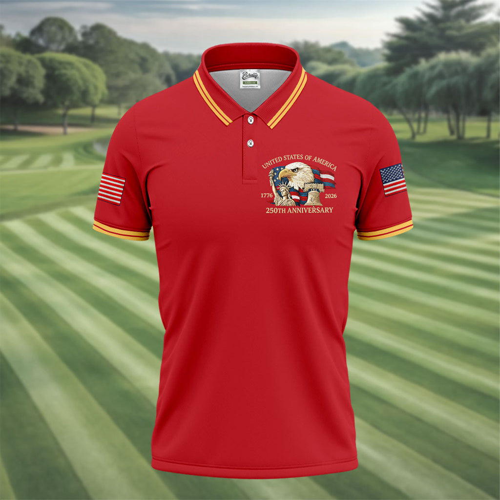 Bald Eagle American Flag 250 Years Red Golf Shirt, Patriotic 4th Of July Golf Shirts For Men