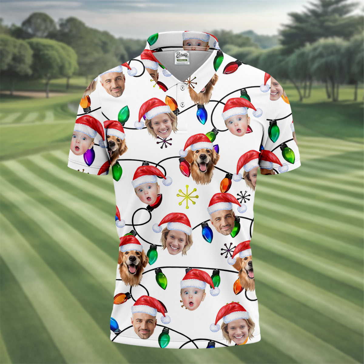 Custom Family Portrait Christmas Lights Pattern Men's Golf Polo Shirts, Christmas Golf Shirt, Golf Gift For Men
