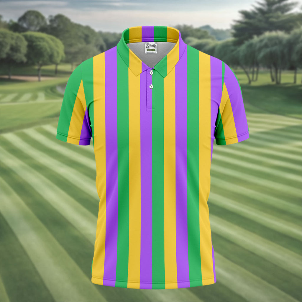 Green Gold Purple Vertical Stripe Mardi Gras Golf Shirt, Polo Shirts For Men, Golf Shirts For Men