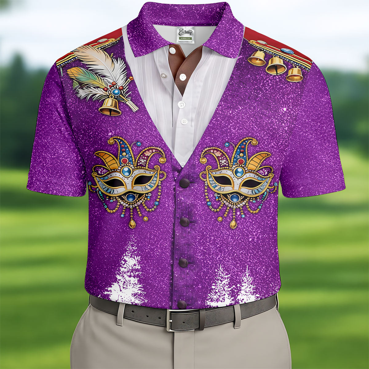 Masquerade Mask Feather Mardi Gras Glitter Print Purple Golf Shirt, Polo Shirts For Men, Golf Shirts For Men