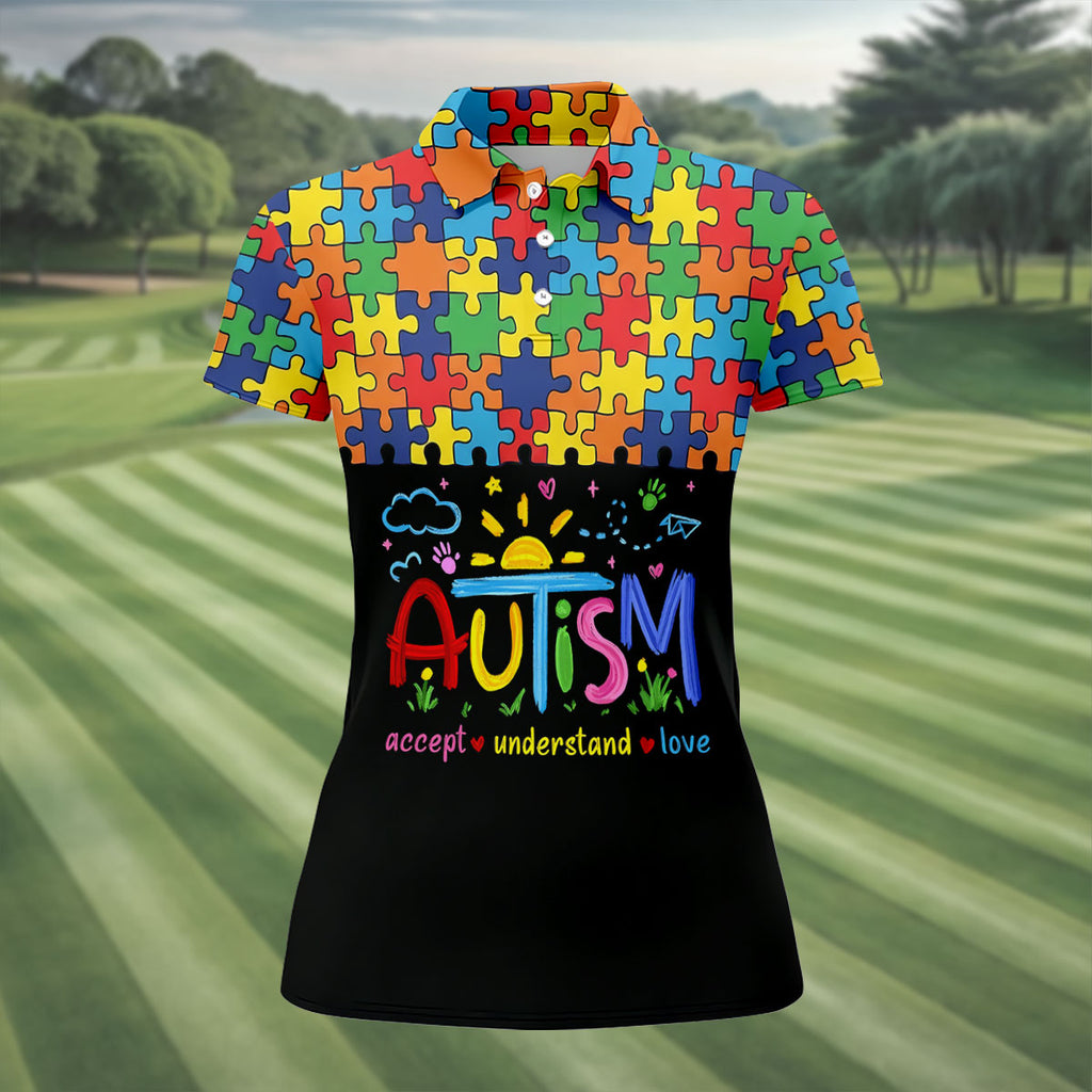 Awareness Accept Understand Love Colorful Puzzle Golf Shirt, Ladies Golf Shirts, Ladies Golf Polos