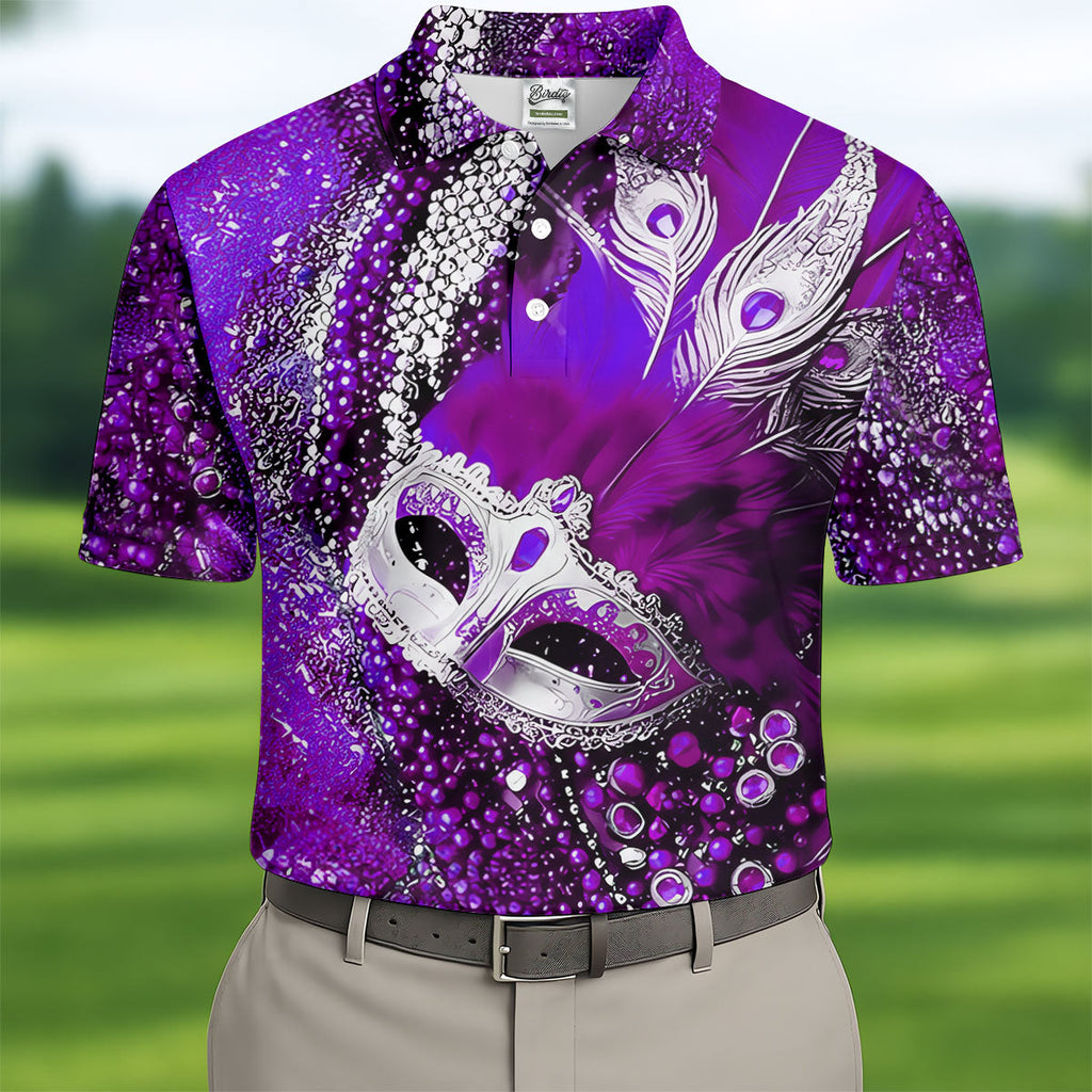 Mardi Gras Masquerade Mask Feather Beads Purple Golf Shirt, Polo Shirts For Men, Golf Shirts For Men