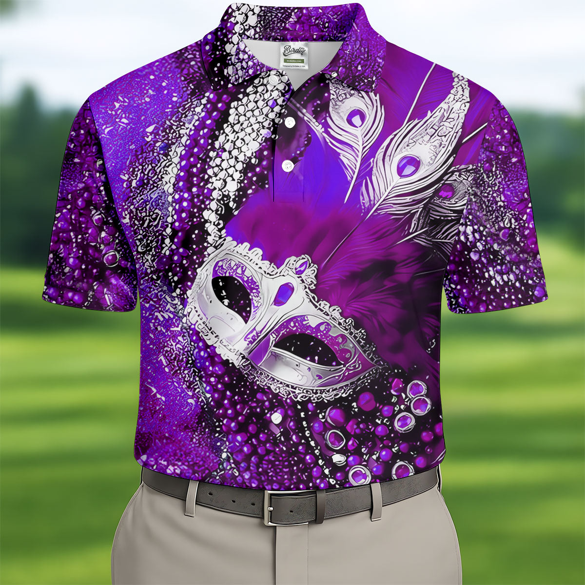 Mardi Gras Masquerade Mask Feather Beads Purple Golf Shirt, Polo Shirts For Men, Golf Shirts For Men
