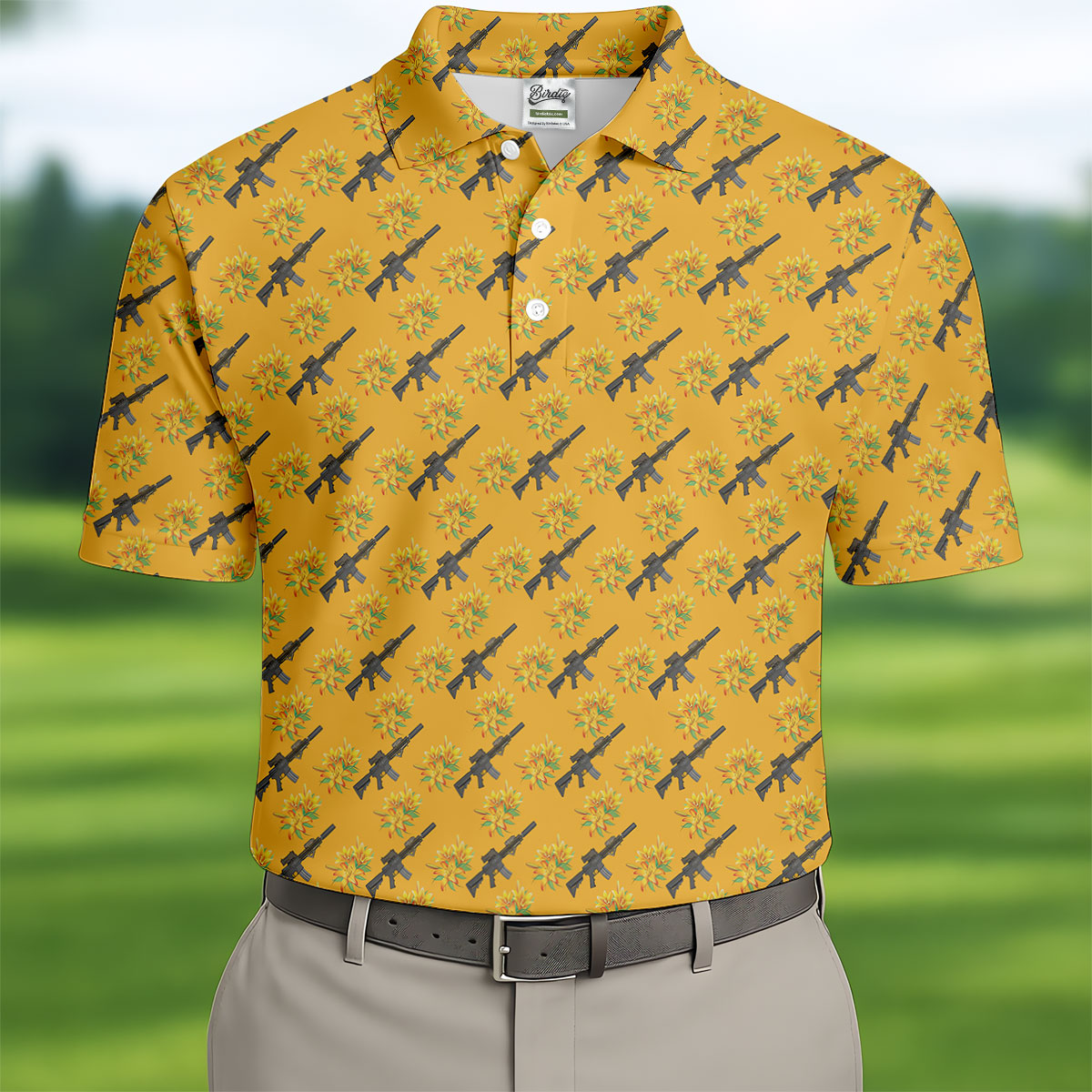 Gun And Flower Yellow Lily Flower Seamless Pattern Yellow Golf Shirt, Golf Tops For Men, Golf Shirts For Men