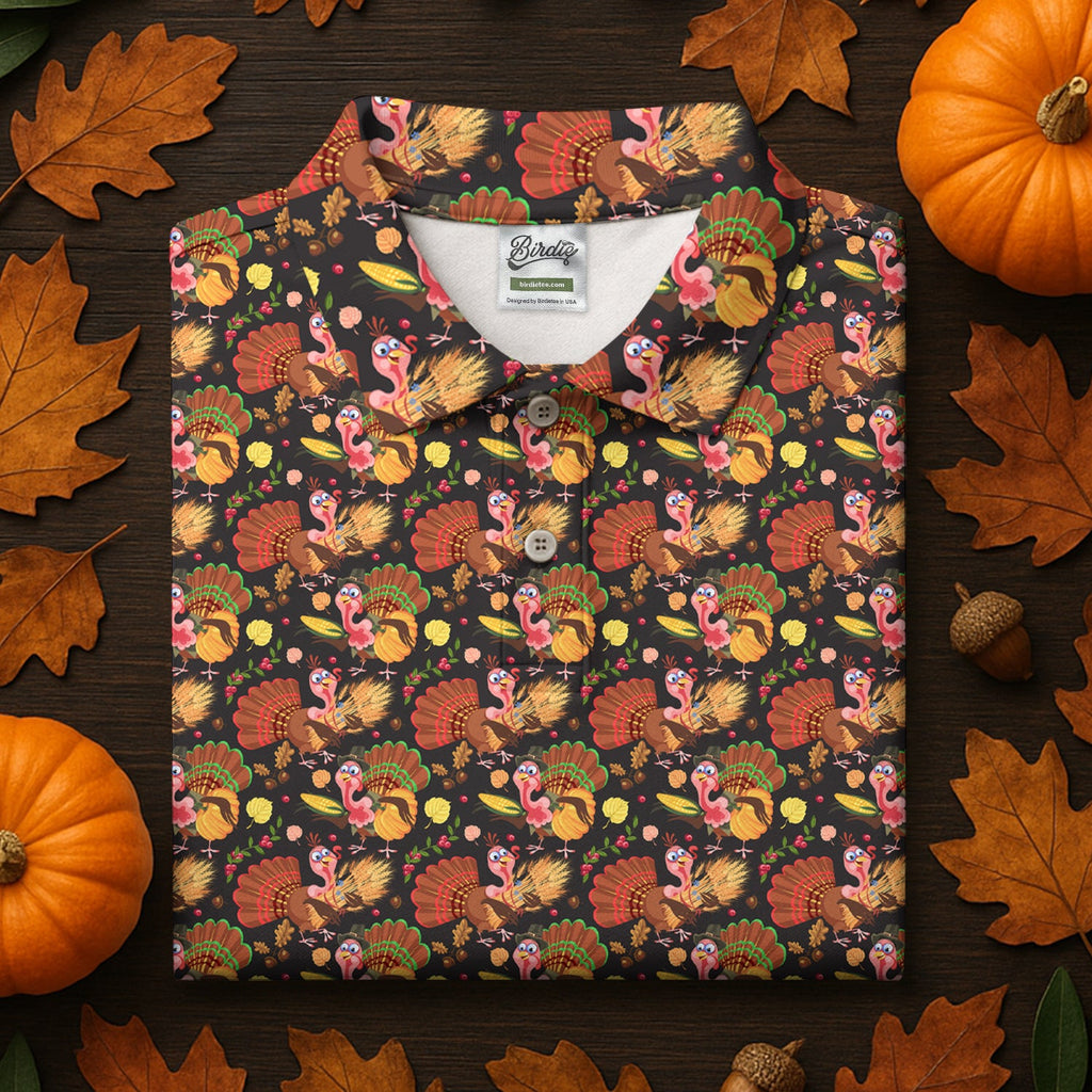 Turkey Pumpkin Thanksgiving Holiday Black And Brown Polo Shirts For Men, Golf Gift For Men