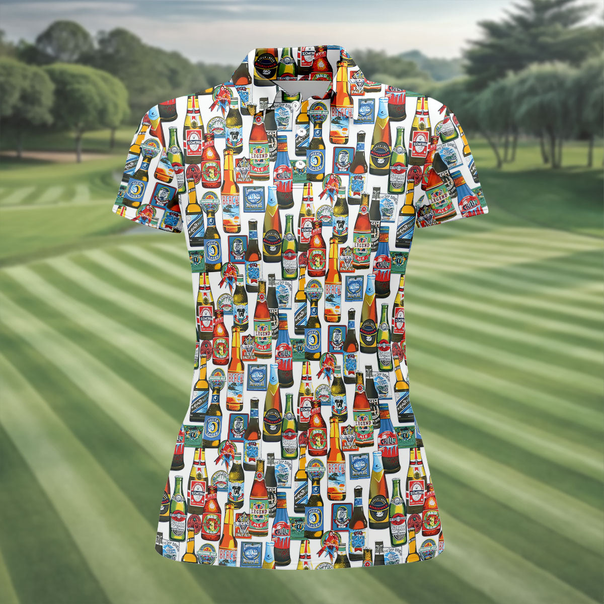 Beer Bottle Labels White Golf Shirt, Fun Women's Golf Shirts, Women's Golf Tops, Ladies Golf Shirt