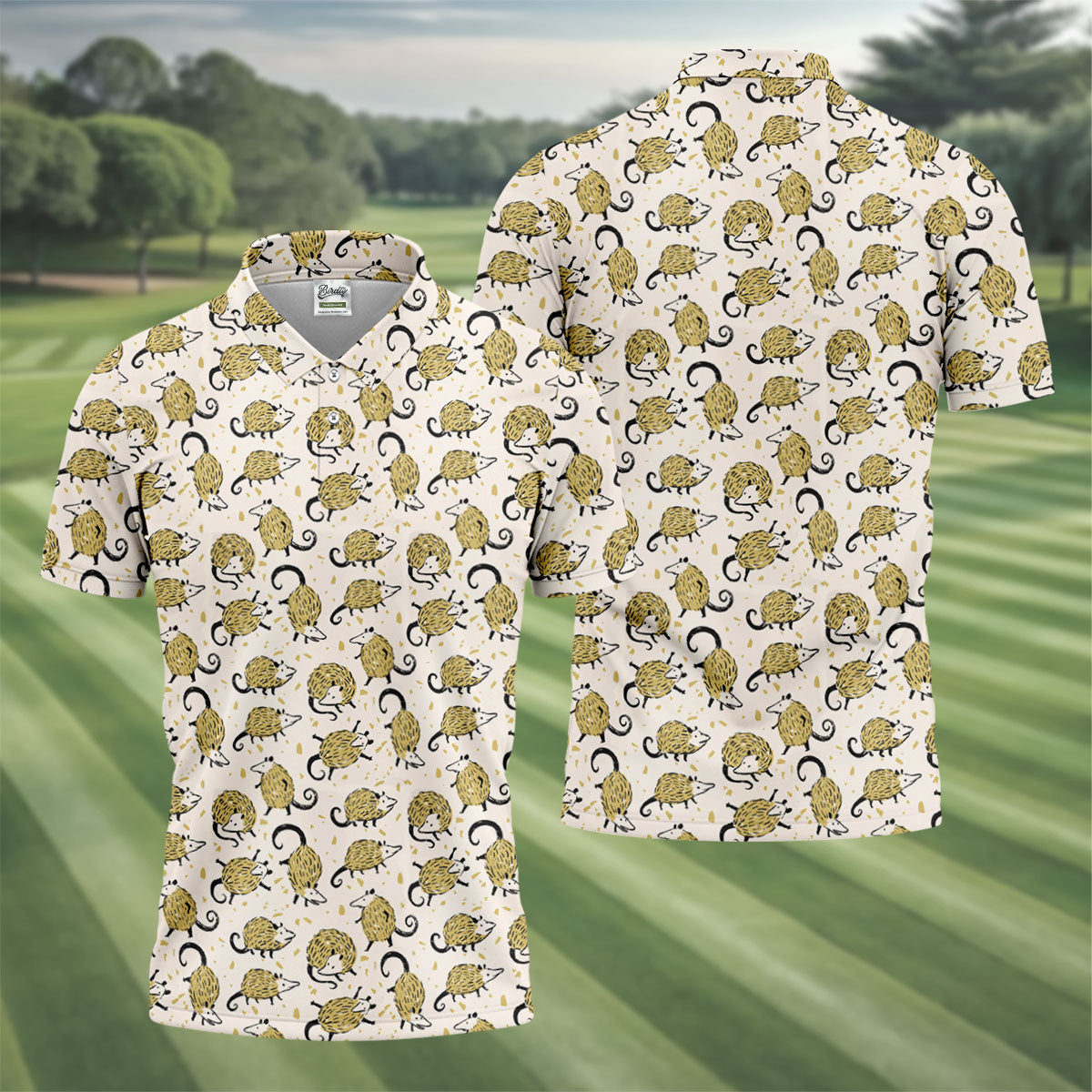 Cute Opossum Seamless Pattern Golf Tops For Men, Cute Golf Outfit, Polo Shirts For Men