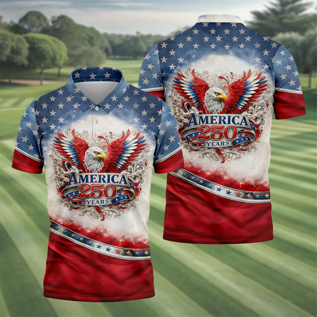 America 250 Years Red White Blue 4th Of July Golf Shirt, Patriotic Golf Shirt, Golf Shirts For Men