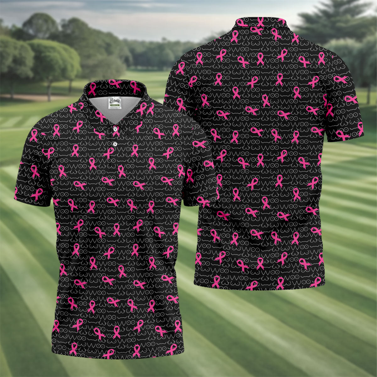 Black Golf Polo with Pink Ribbon, Men's Golf Polo ShirtBreast Cancer Awareness Shirt, Funny Golf Shirt