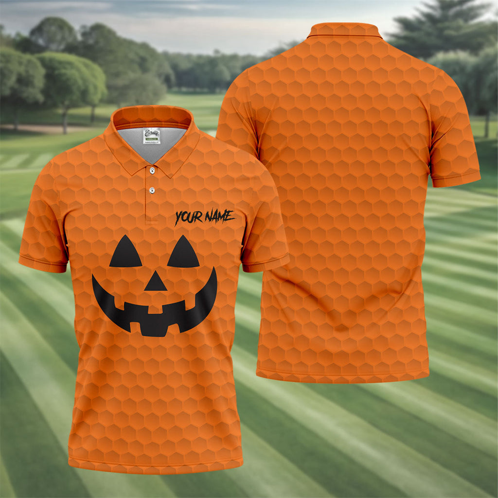 Halloween Pumpkin Face Custom Name Men's Funny Golf Shirts, Polo Shirts For Men, Golf Gift For Men