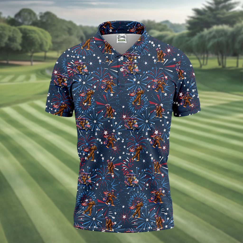 Funny Bigfoot Golf Pose Festive Vibe Navy 4th Of July Golf Shirts For Men, 250th Anniversary Patriotic Golf Shirt
