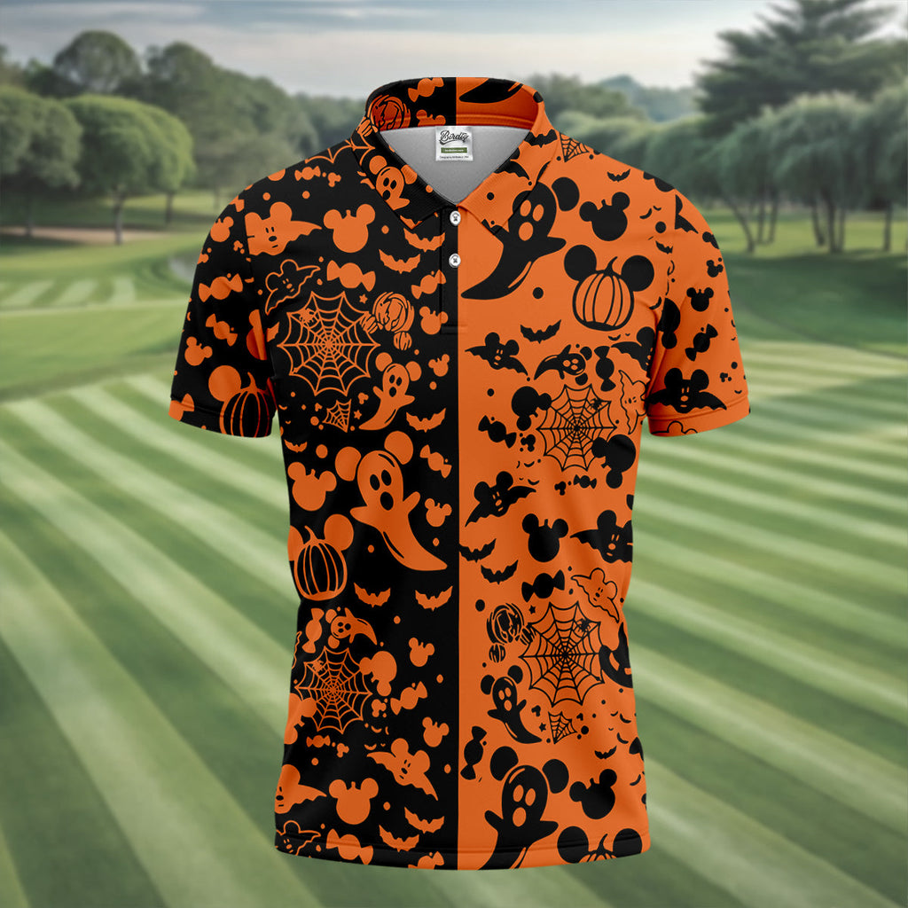 Cute Animated Ghost Black And Orange Halloween Golf Shirt, Fun Golf Shirts For Men, Polo Shirts For Men