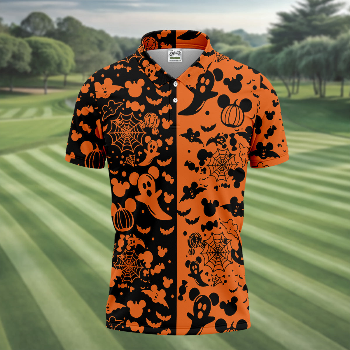 Cute Animated Ghost Black And Orange Halloween Golf Shirt, Fun Golf Shirts For Men, Polo Shirts For Men