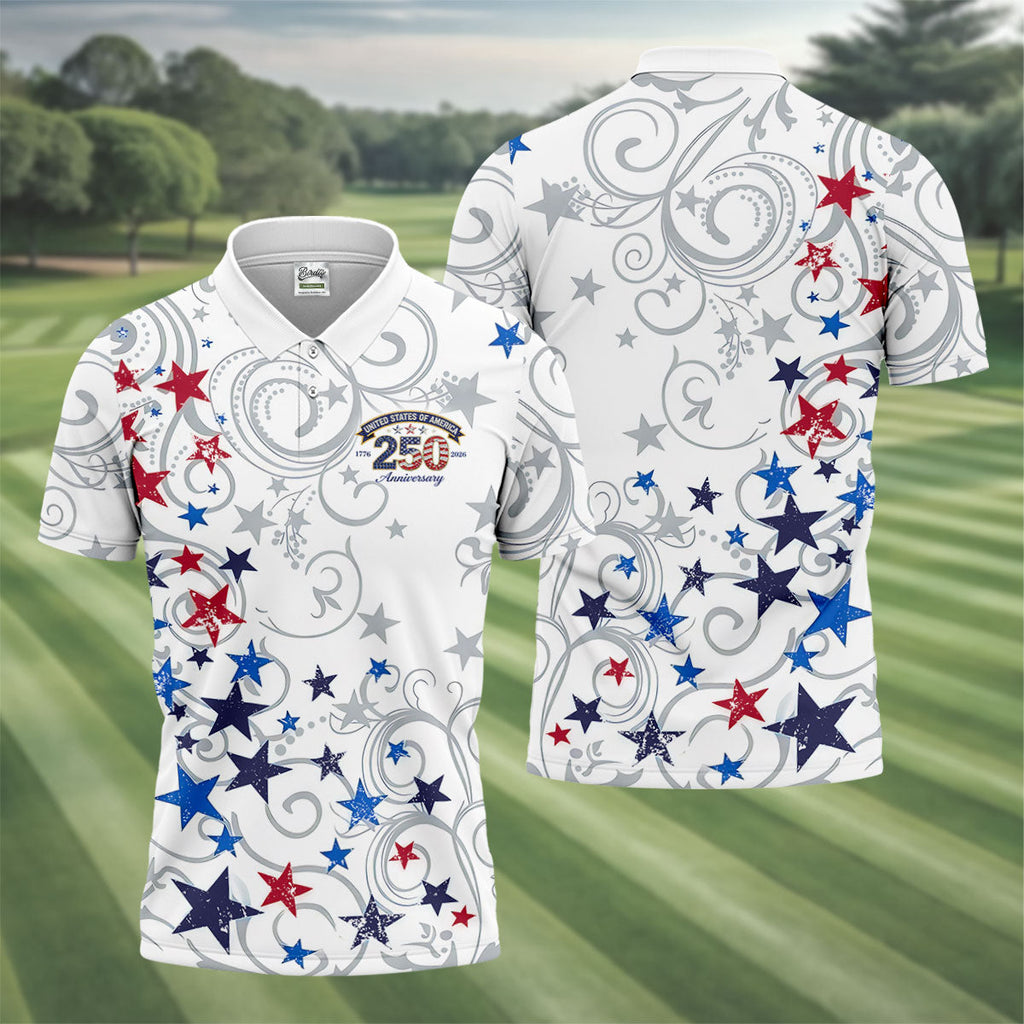 United States Of America 250 Anniversary Patriotic 4th Of July Golf Shirt, Red Blue Stars Golf Shirts For Men