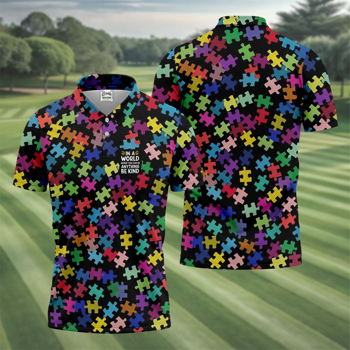 In A World Where You Can Be Anything Be Kind Autism Awareness Puzzle Pattern Men's Golf Shirt, Polo Shirts For Men