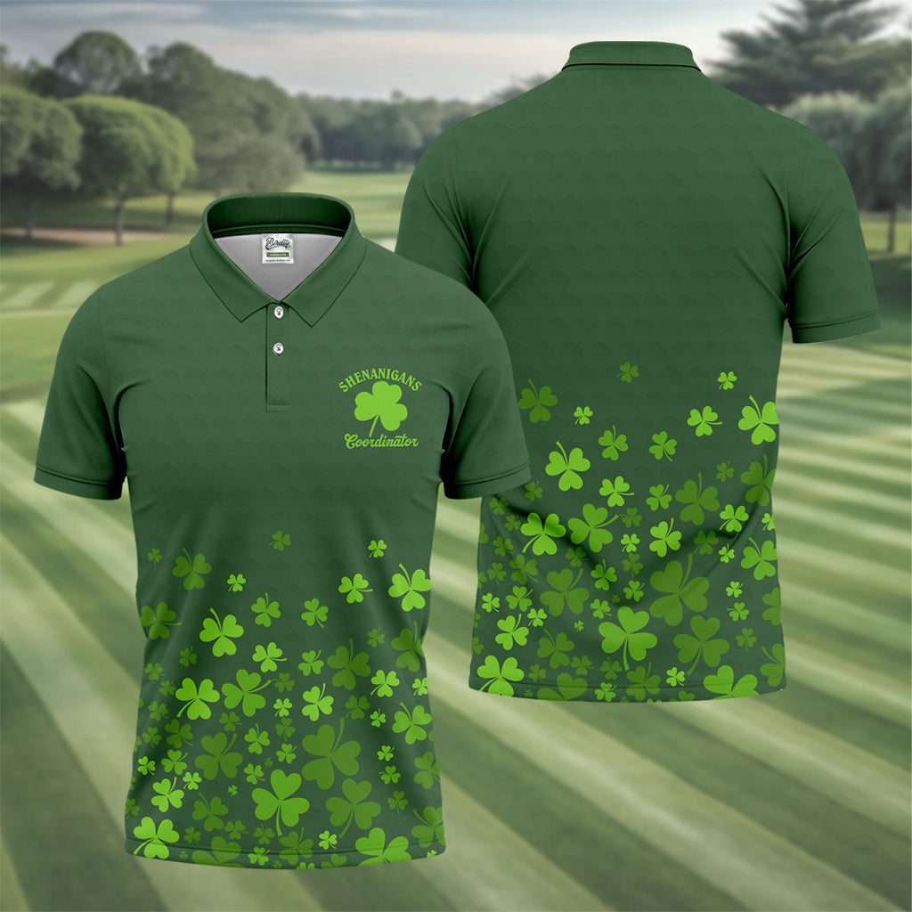 Shenanigans Coordinator Golf Ball Pattern St Patrick Day Green Golf Shirt, Golf Tops For Men, Golf Shirts For Men