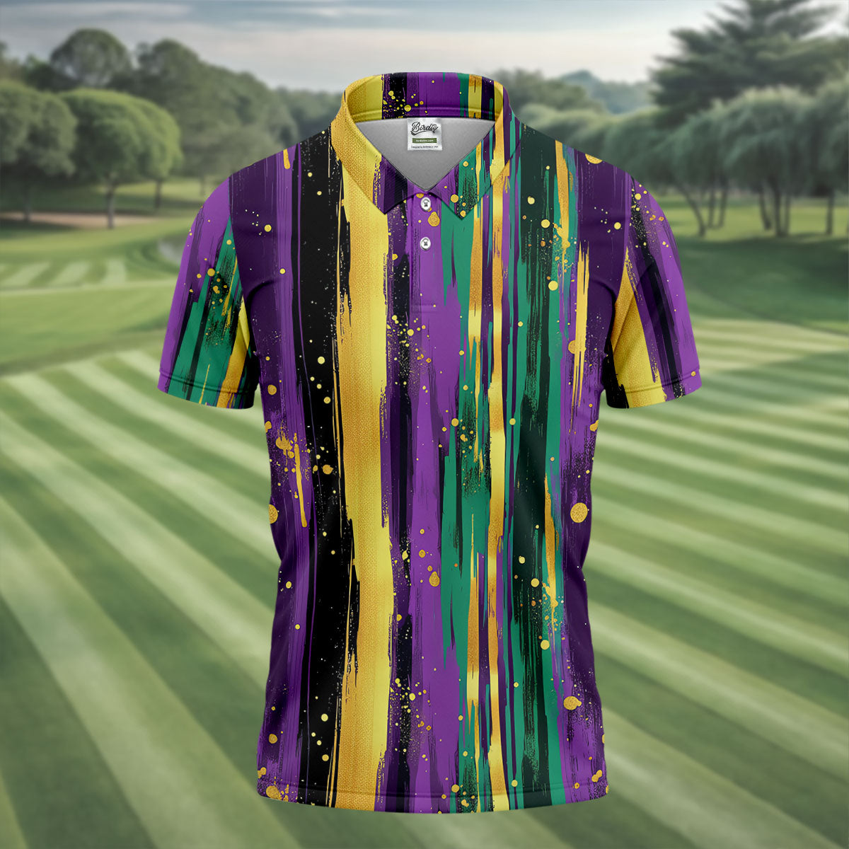 Green Purple Gold Splatter Effect Mardi Gras Golf Shirt, Polo Shirts For Men, Golf Shirts For Men