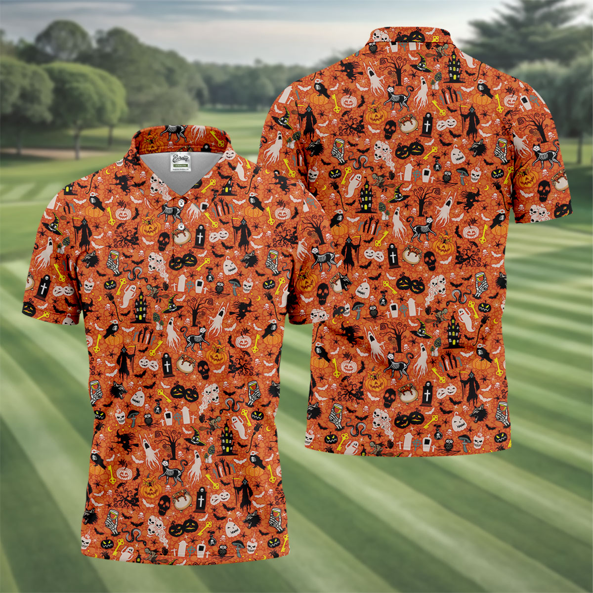 Halloween Skull Witch Cat Orange Golf Shirt, Funny Halloween Polo Shirts For Men, Golf Gift For Men