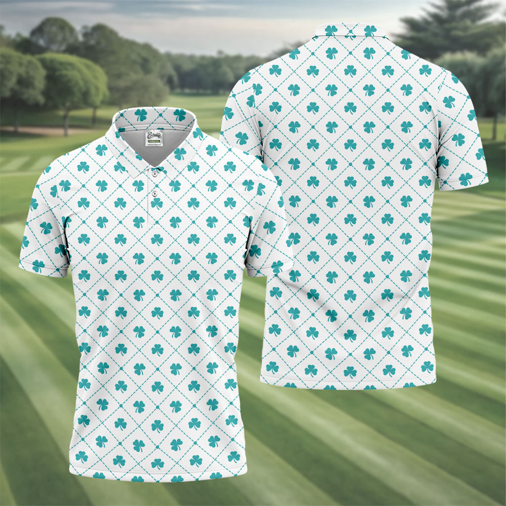 Grid Pattern Shamrock Golf Shirt, St Patrick's Day Golf Tops For Men, Golf Shirts For Men, Polo ShirtFor Men