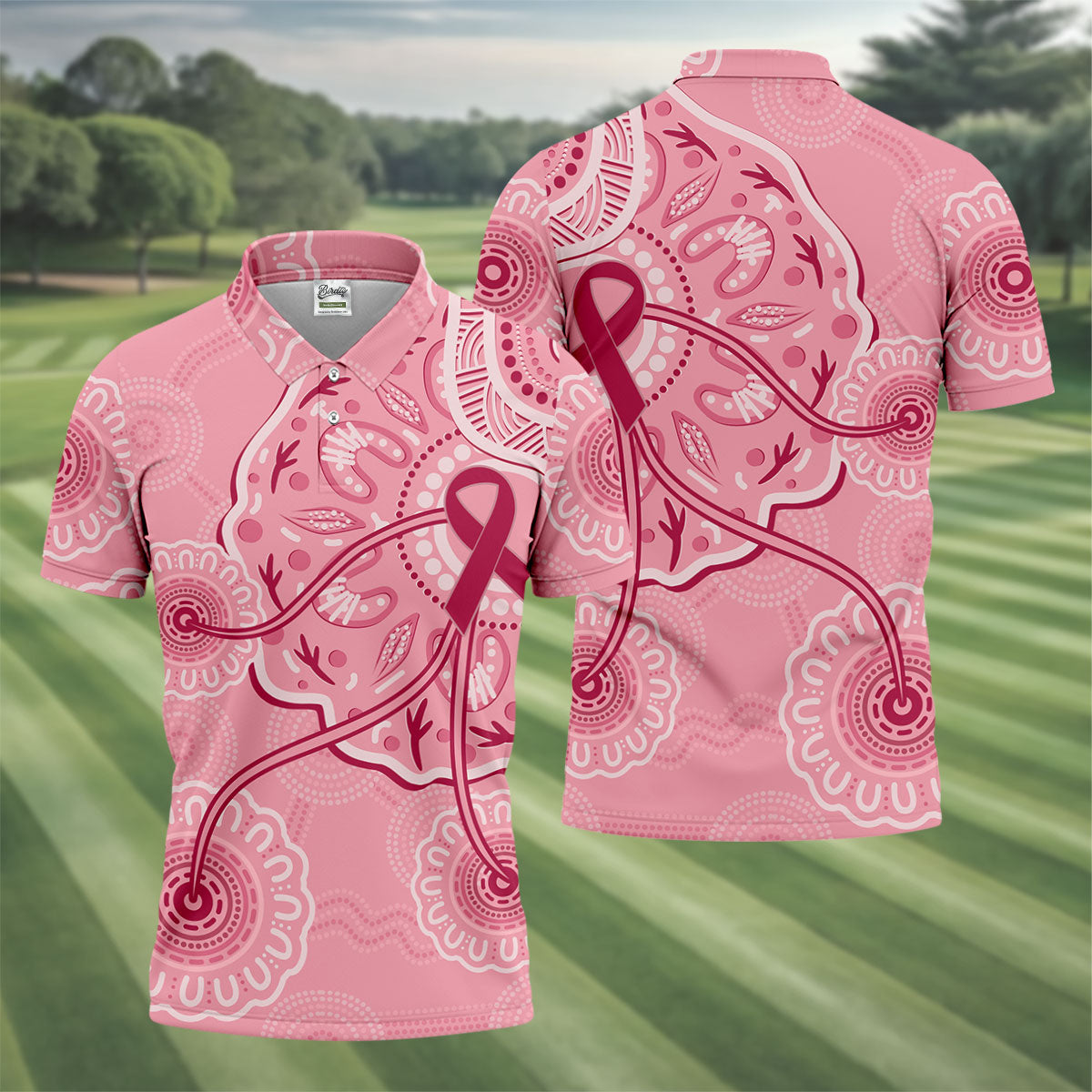 Australia Indigenous Pink Ribbon Men's Golf Shirt, Breast Cancer Awareness Shirt, Golf Shirts For Men