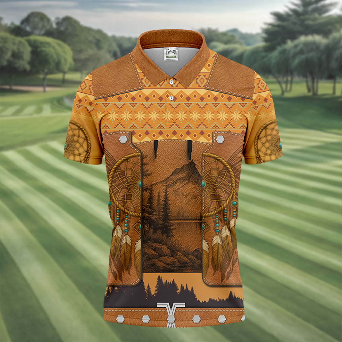 Golden Horizon Tribal Theme Golf Tops For Men, Native American Ancestry Polo Shirts For Men, Indigenous Peoples Month