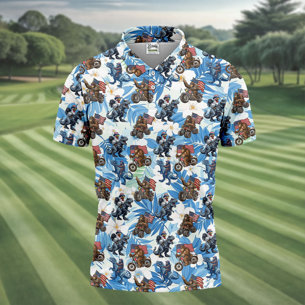Patriotic Bald Eagle Funny T-Rex Bigfoot Hawaiian Golf Shirt, 250 Years 4th Of July Golf Shirts For Men
