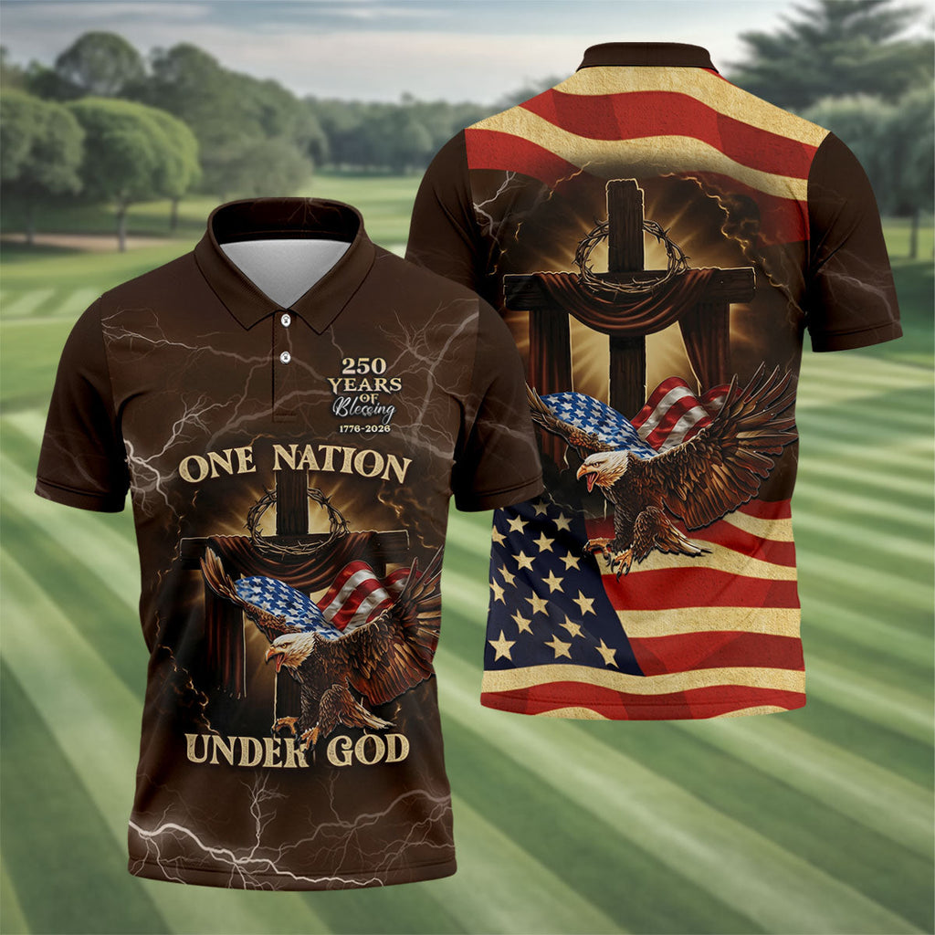 One Nation Under God 250 Years Faith Cross Golf Tops For Men, Patriotic Father's Day Golf Shirt