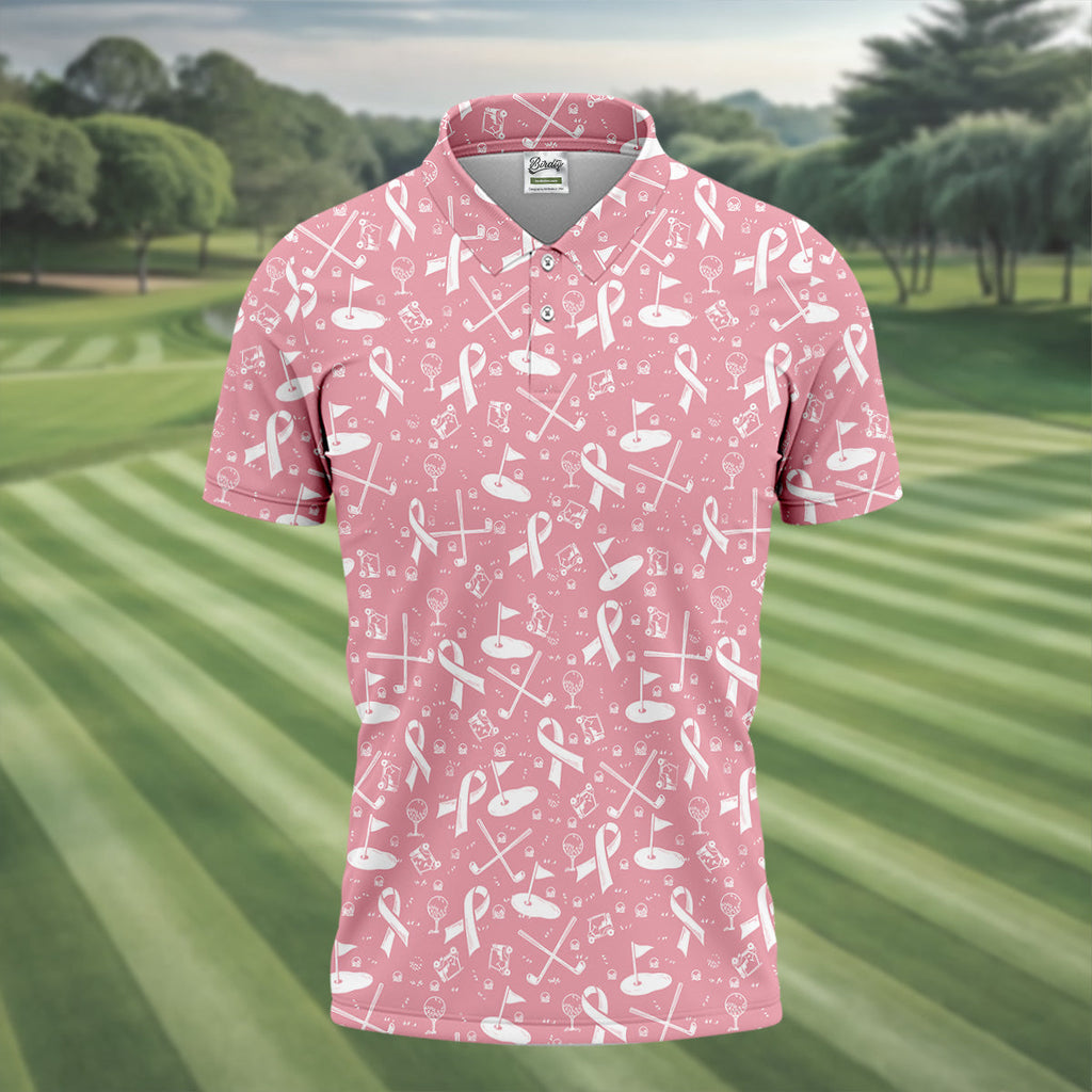 Awareness Ribbon Light Pink And White Golf Shirt, Cancer Awareness Shirt, Polo Shirts For Men