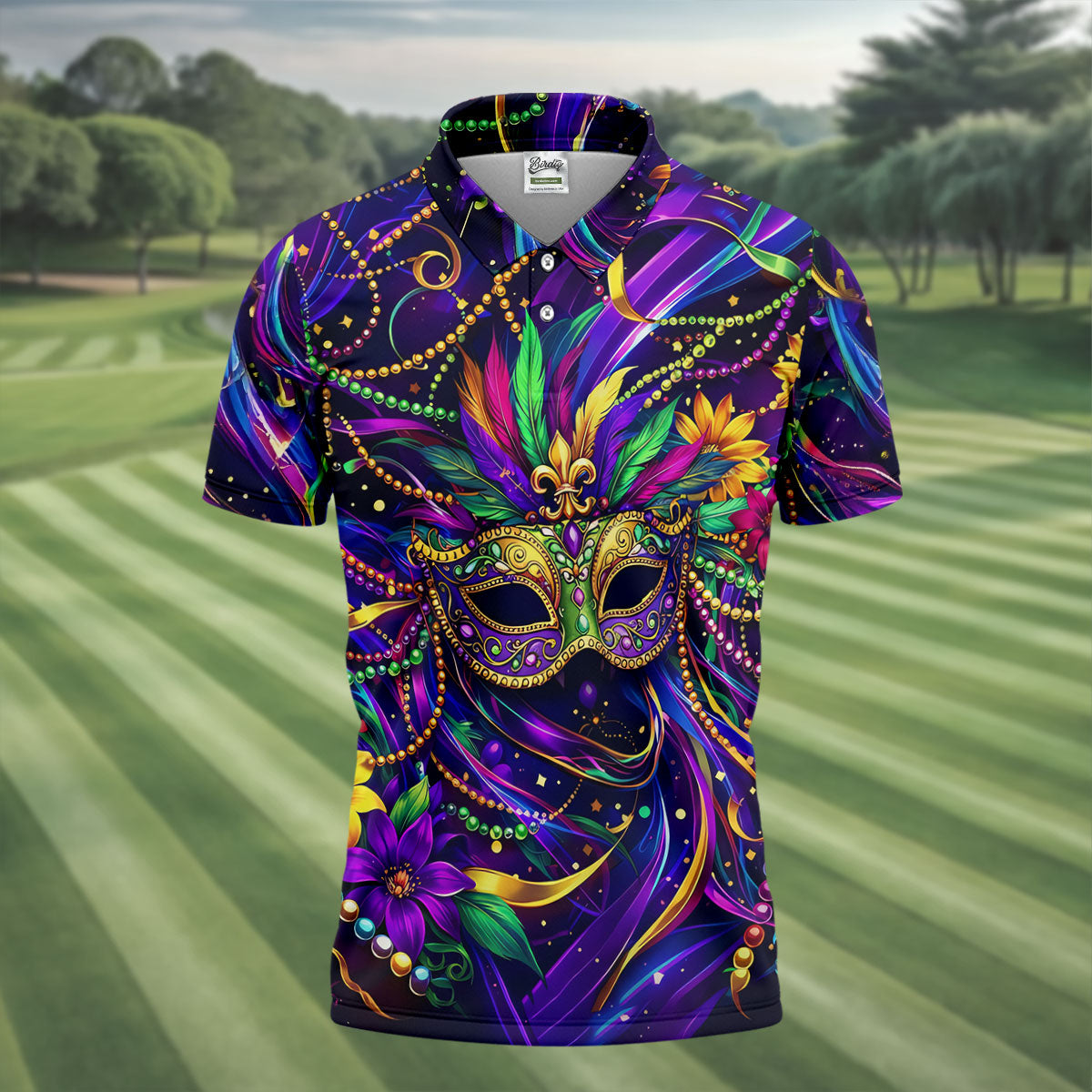 Mardi Gras Beads Ribbons Feather Masquerade Mask Print Golf Shirt, Golf Polo Shirts, Golf Tops For Men