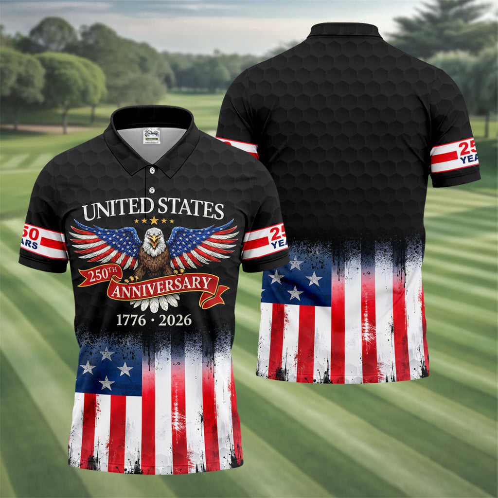 US Bald Eagle 250th Anniversary Celebration Ribbon Black Golf Shirt, Patriotic 4th Of July Golf Shirts For Men