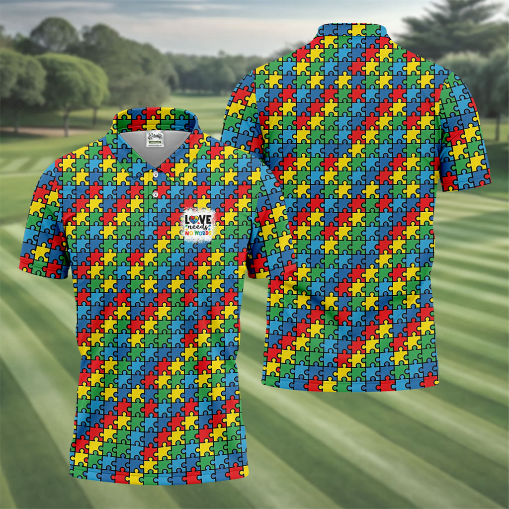 Love Needs No Words Autism Awareness Jigsaw Puzzle Pieces Men's Golf Shirt, Polo Shirts For Men