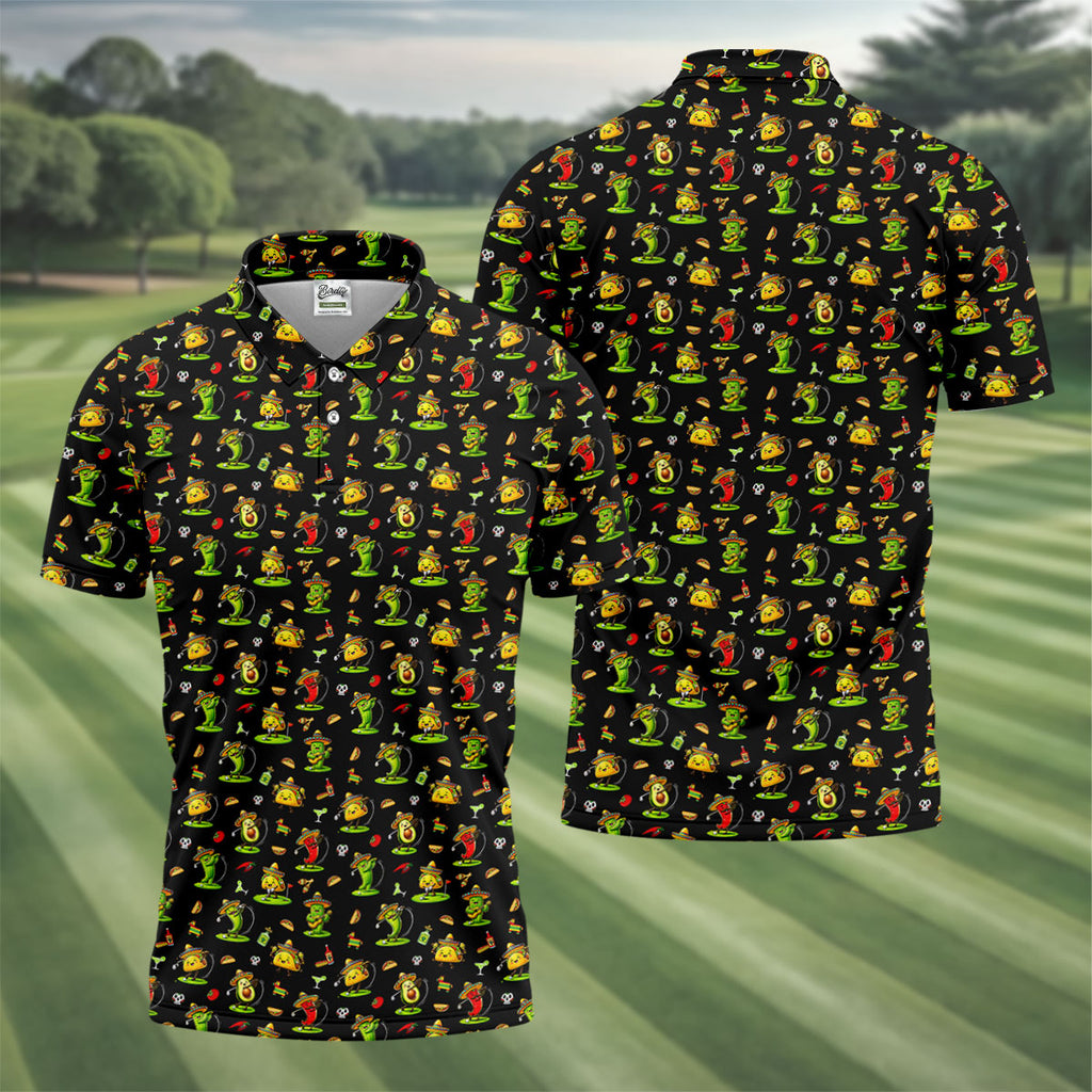 Mexican Cartoon Food Characters Cinco De Mayo Celebration Fiesta Themed Black Golf Shirts For Men