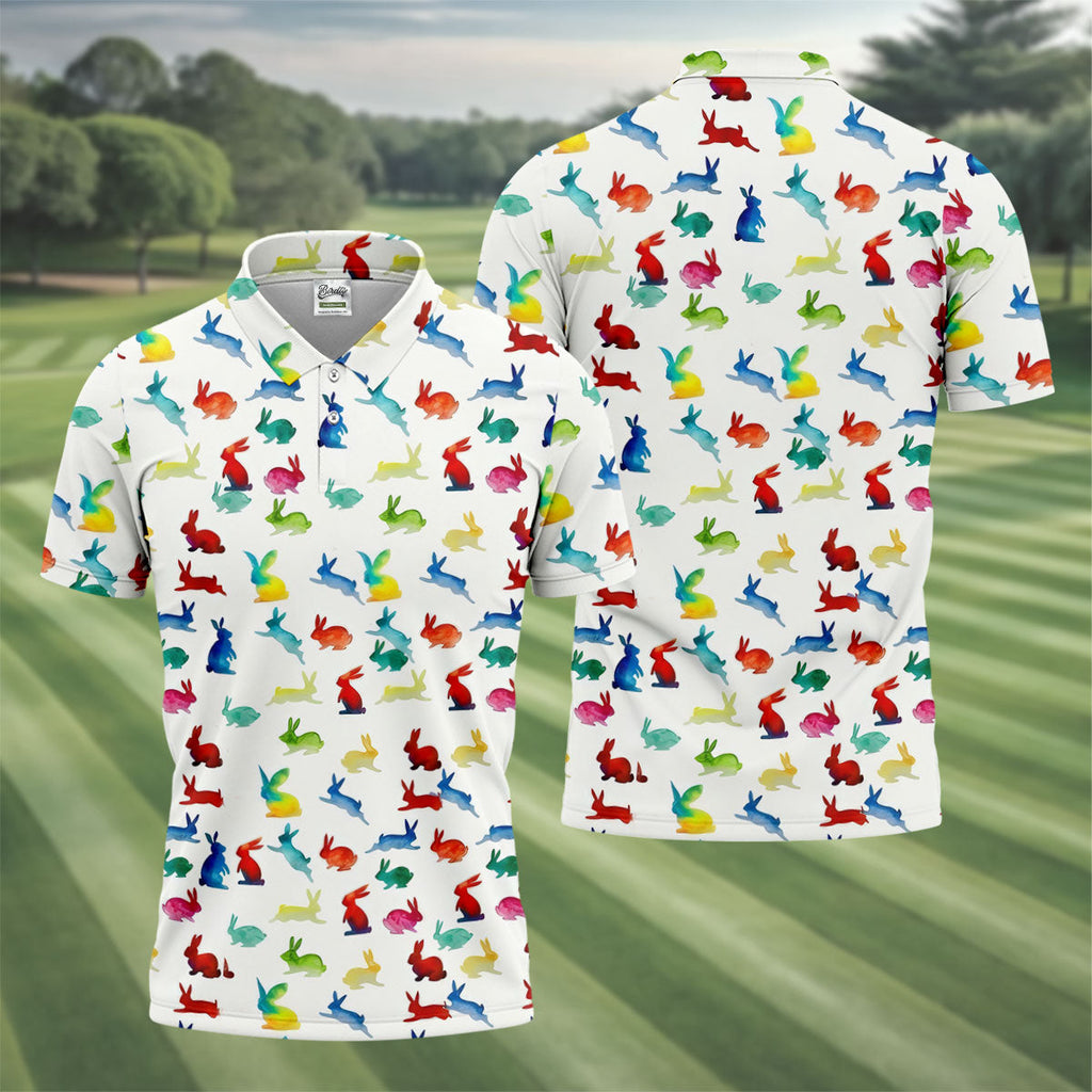 Colorful Bunny Funny Golf Shirt, Easter Bunny Pattern Golf Tops For Men, Golf Shirts For Men