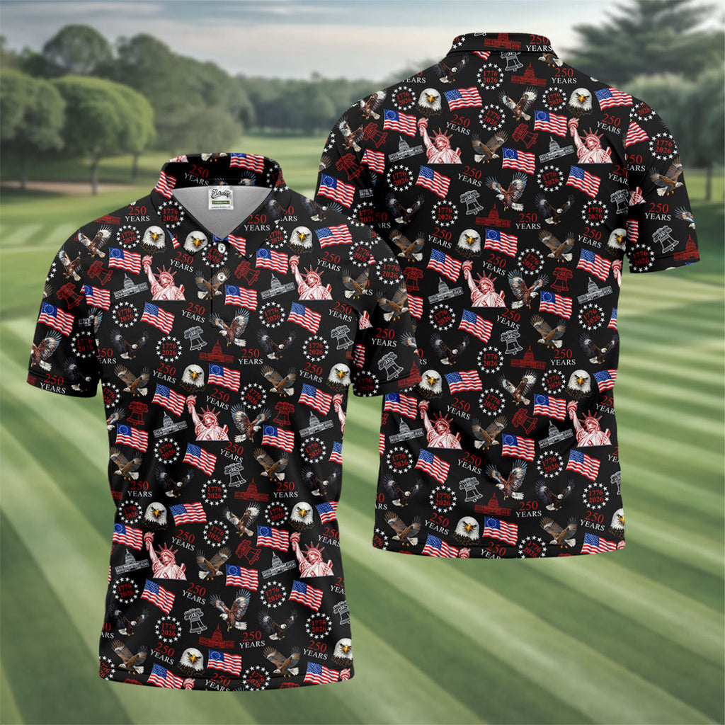 250 Years American Symbol Patriotic Pattern Black Golf Shirt, 4th Of July Golf Shirt, Golf Shirts For Men
