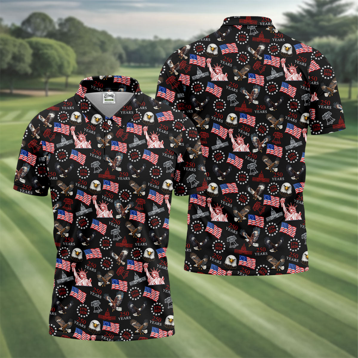 250 Years American Symbol Patriotic Pattern Black Golf Shirt, 4th Of July Golf Shirt, Golf Shirts For Men
