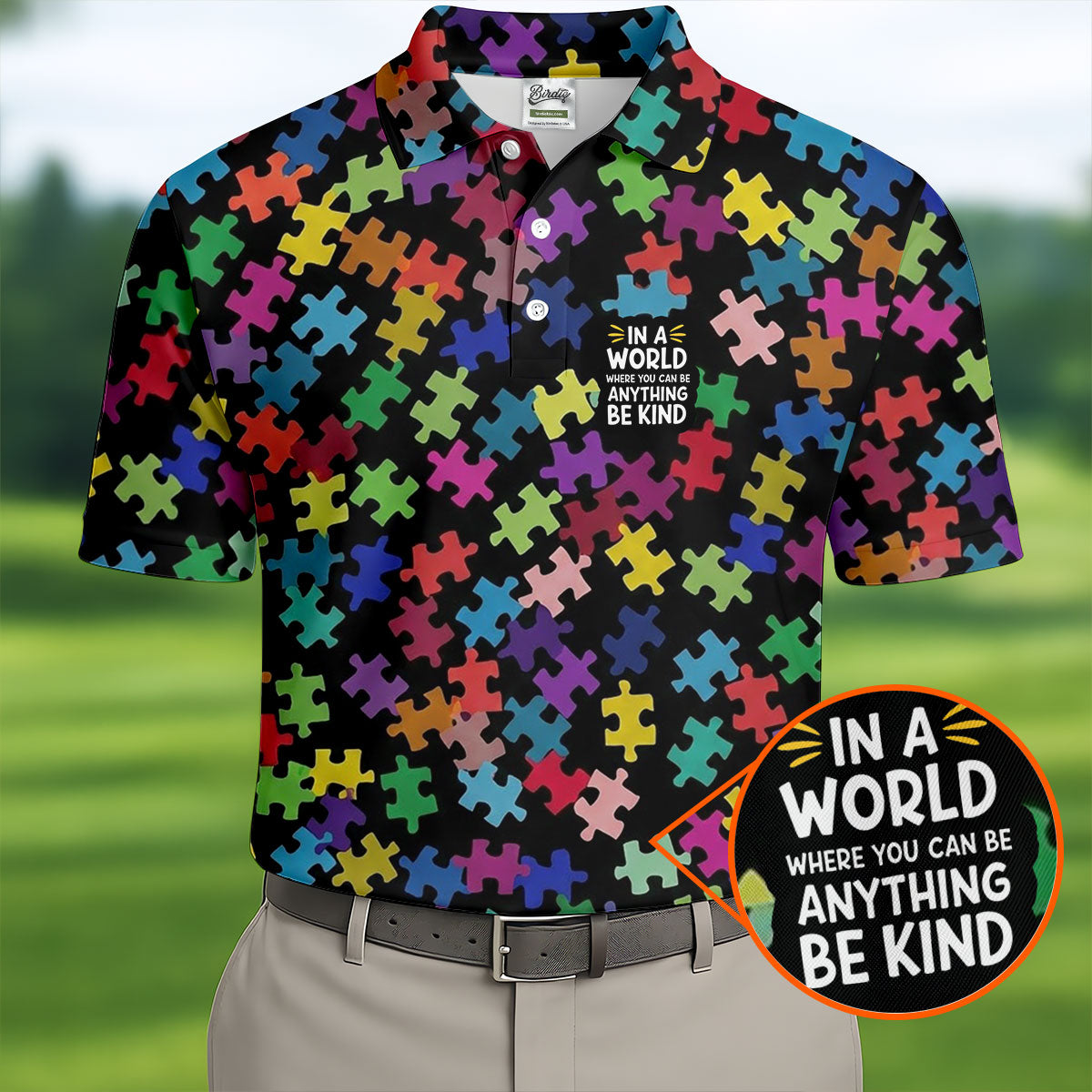 In A World Where You Can Be Anything Be Kind Autism Awareness Puzzle Pattern Men's Golf Shirt, Polo Shirts For Men