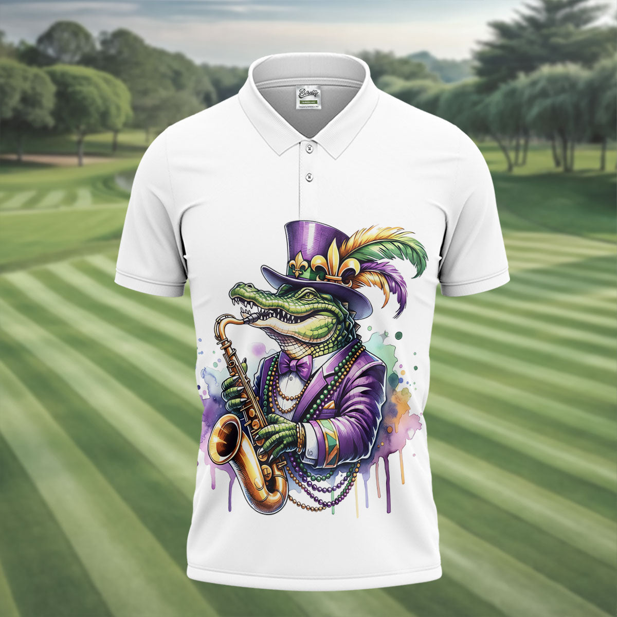 Mardi Gras Alligator Playing Saxophone White Golf Shirt, Golf Shirts For Men, Polo Shirts For Men