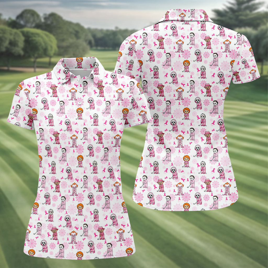Halloween Horror Character Breast Cancer Polo Shirt, Ladies Golf Tops, Printed Golf Shirt