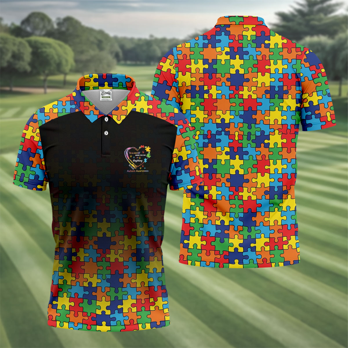 In A World Where You Can Be Anything Be Kind Autism Awareness Puzzle Pattern Black Fade Men's Golf Shirt