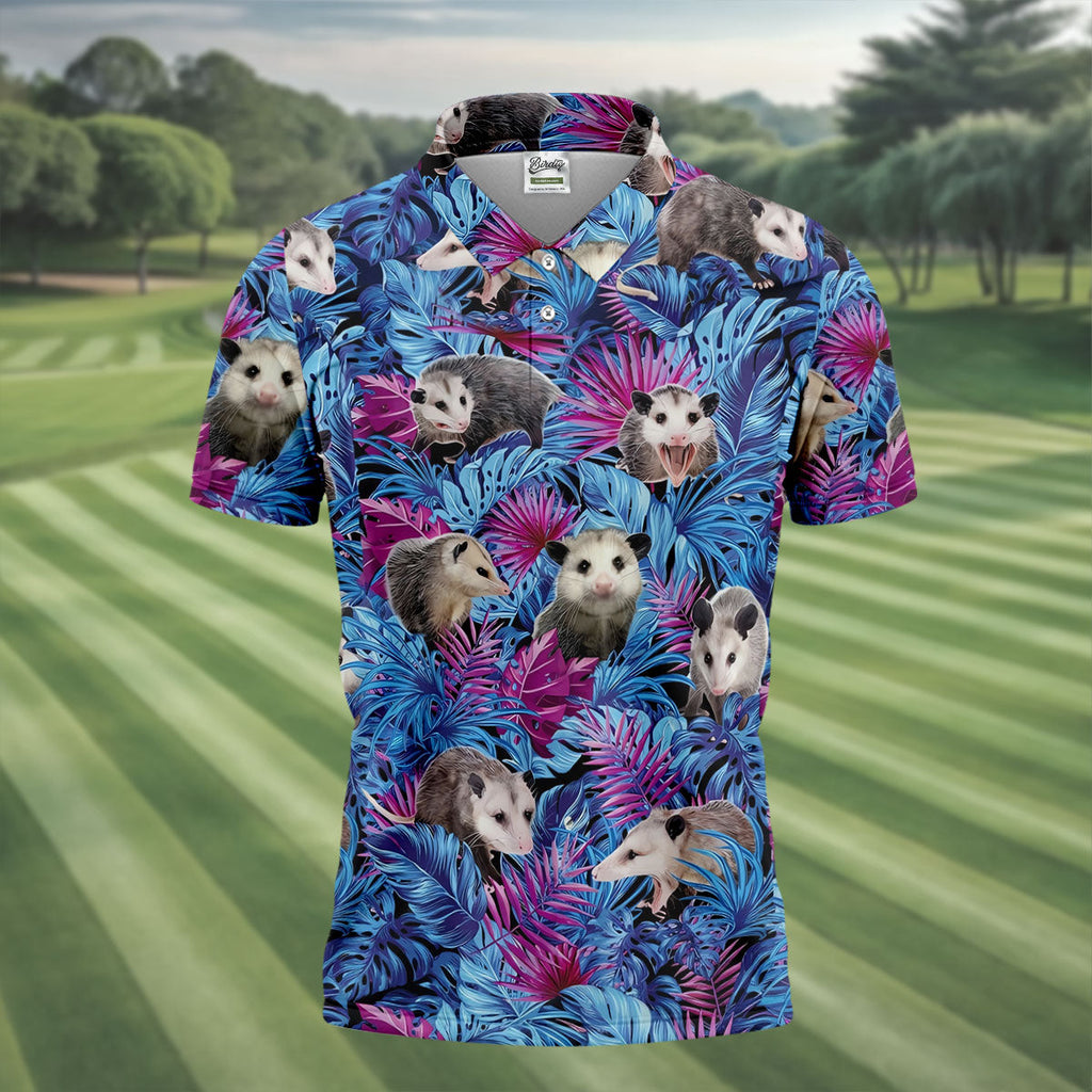 Funny Opossum Blue Purple Hawaiian Golf Shirt, Tropical Theme Golf Shirts For Men