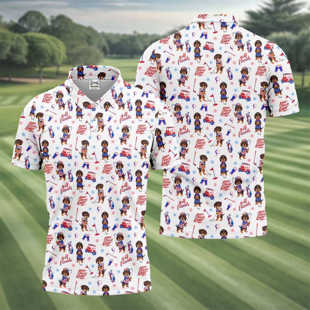 Par Then Bar Cute Dachshund Golf Pose 4th Of July Golf Shirts For Men, 250th Anniversary Patriotic Golf Shirt