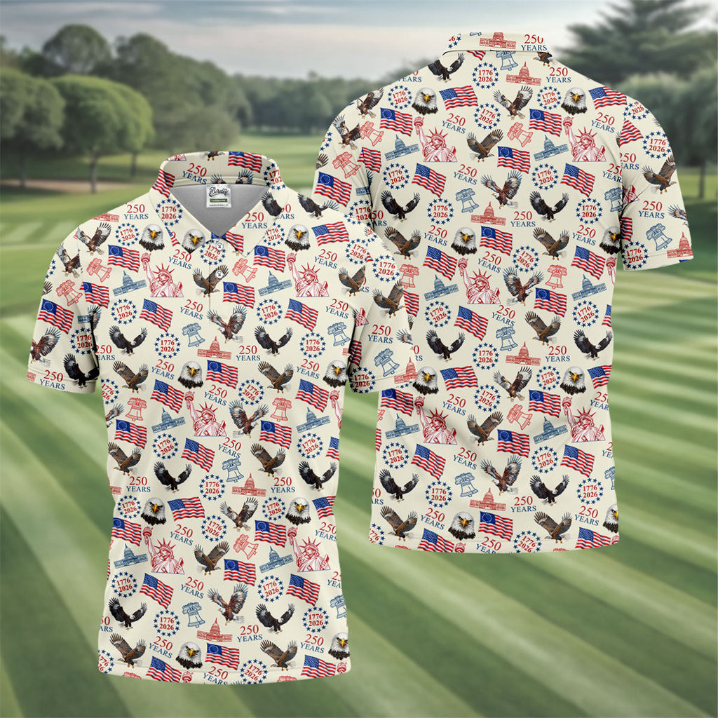 250 Years American Symbol Patriotic Pattern Beige Golf Shirt, 4th Of July Golf Shirt, Golf Shirts For Men