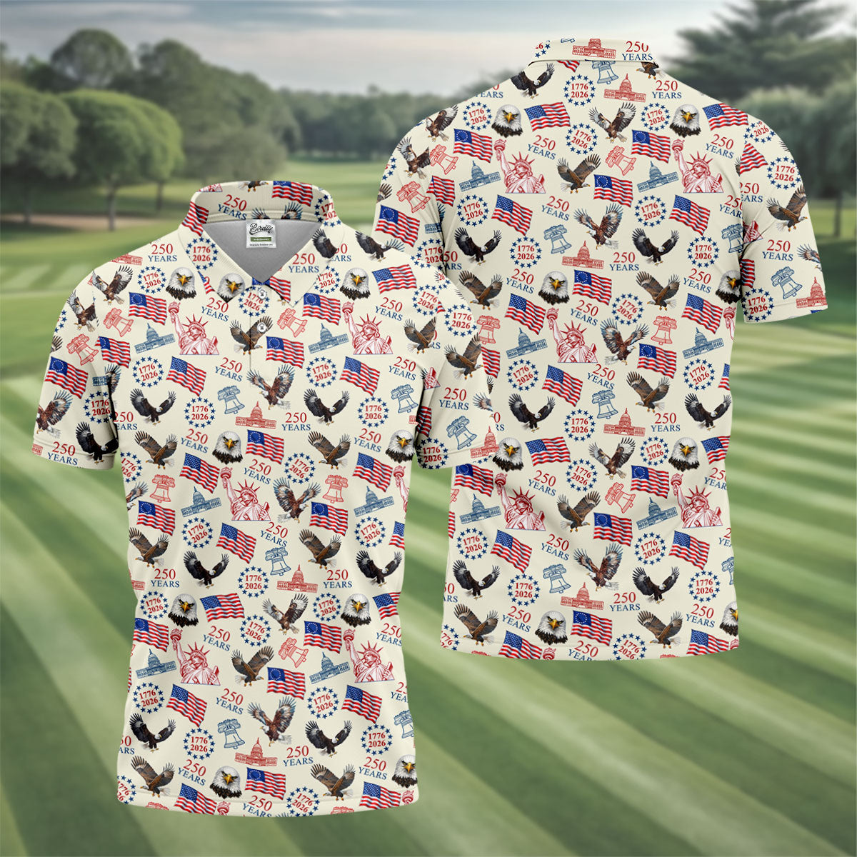 250 Years American Symbol Patriotic Pattern Beige Golf Shirt, 4th Of July Golf Shirt, Golf Shirts For Men