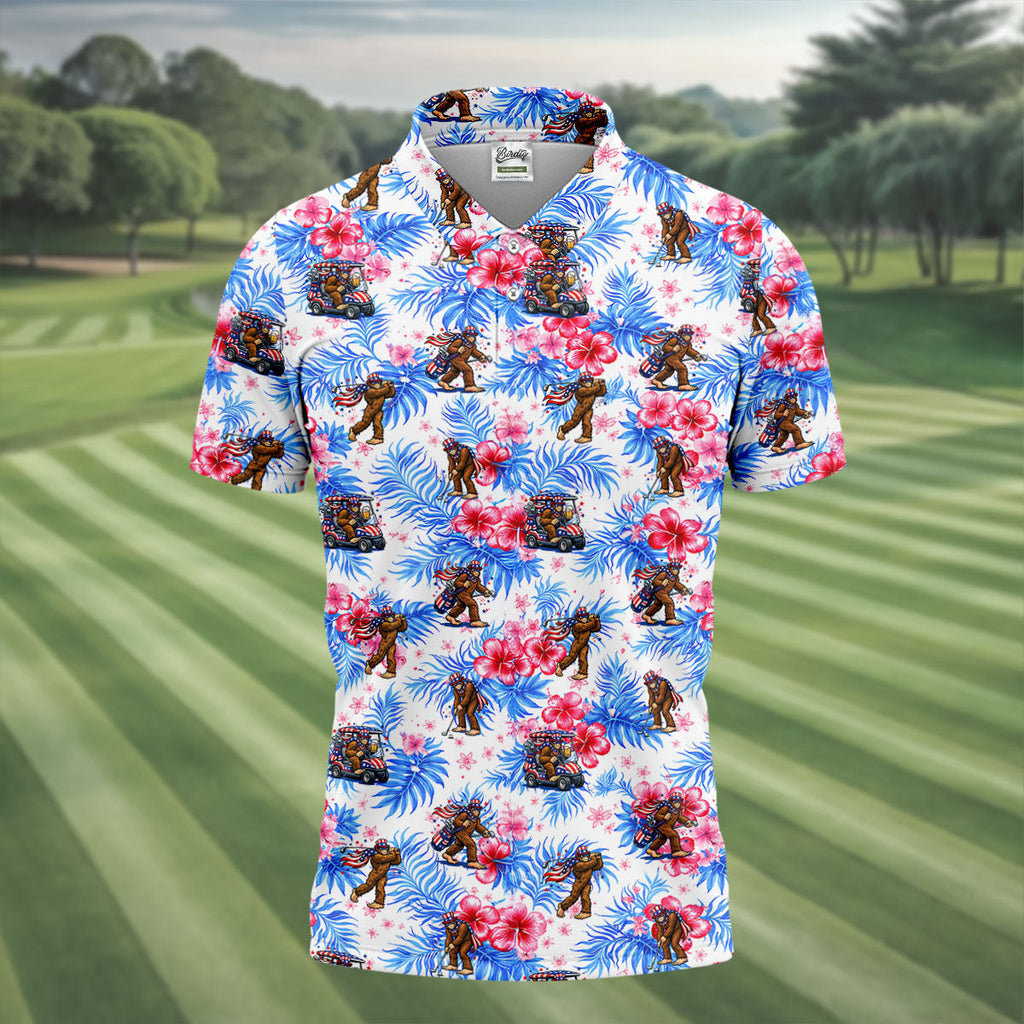 Funny Bigfoot Golf Pose 4th Of July Tropical Vibe Golf Shirts For Men, 250th Anniversary Patriotic Golf Shirt