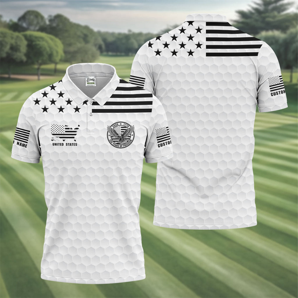 250 Years Of Freedom Golf Ball Pattern White Golf Shirt, 4th Of July Patriotic Golf Shirts For Men