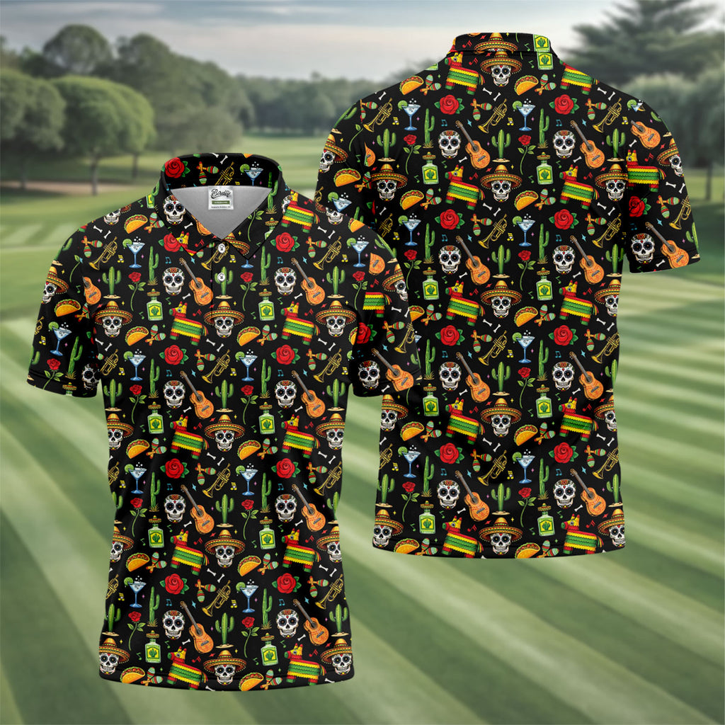 Decorated Skulls Party Items Cinco De Mayo Celebration Fiesta Themed Black Golf Shirts For Men